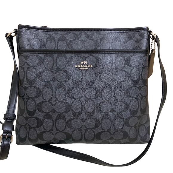 COACH Black Signature Coated Canvas PVC Logo File Messenger XBody Bag F58297 - Picture 1 of 15